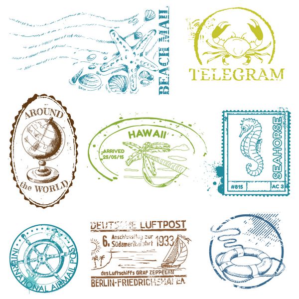 مجموعه وکتور تمبرهای دریایی رترو - برای طراحی و دفترچه