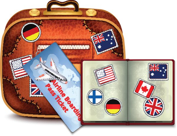 گذرنامه و بلیط هواپیما و چمدان