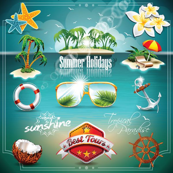 نماد وکتور تعطیلات تابستانی در پس زمینه دریای آبی تنظیم شده است