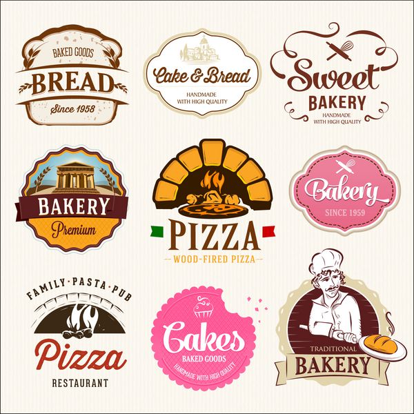 مجموعه ای از نشان ها و برچسب های نانوایی کیک و پیتزا
