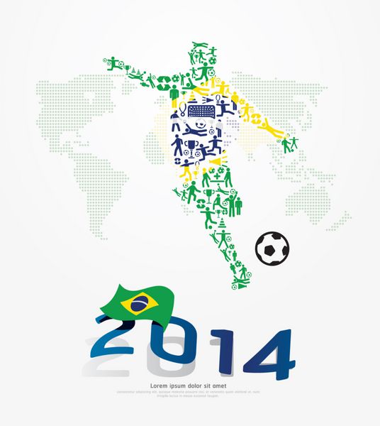 عناصر نمادهای کوچک شکل بازیکن فوتبال روی پرچم برزیل 2014