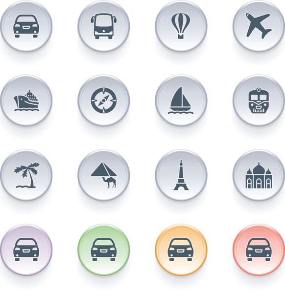 نمادهای سفر روی دکمه های رنگی