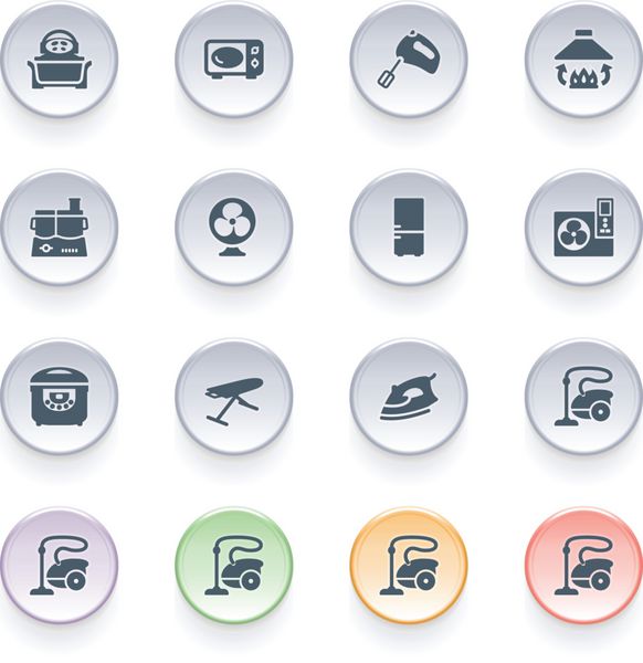 نمادهای لوازم آشپزخانه روی دکمه های رنگی
