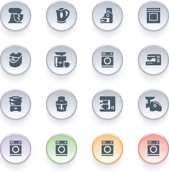 نمادهای لوازم آشپزخانه روی دکمه های رنگی