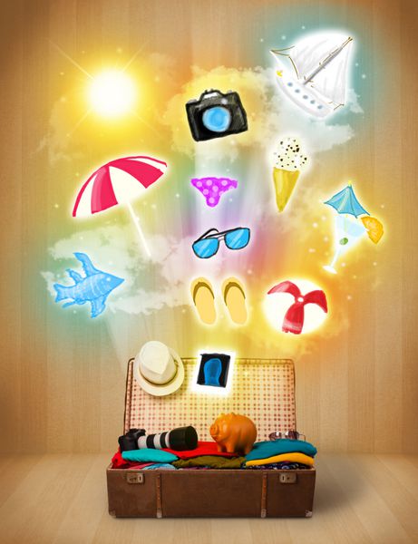 کیف توریستی با نمادها و نمادهای رنگارنگ تابستانی