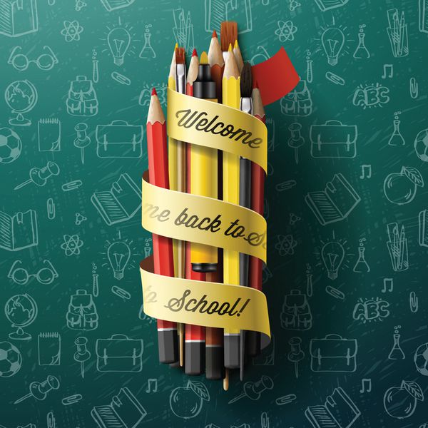 مداد رنگی مداد رنگی با متن بازگشت به مدرسه روی روبان