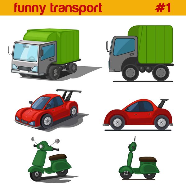 مجموعه آیکون وکتور وسایل نقلیه کارتونی سرگرم کننده ون اسپرت دوچرخه