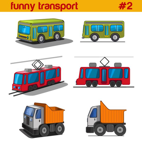 مجموعه آیکون وکتور وسایل نقلیه کارتونی سرگرم کننده اتوبوس تراموا کامیون انعام