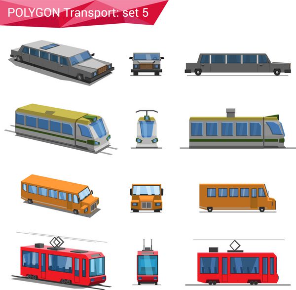 مجموعه آیکون وکتور وسایل نقلیه سبک چند ضلعی لیموزین قطار اتوبوس