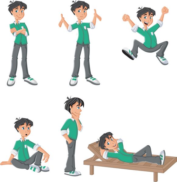 پسر کارتونی با پیراهن سبز در ژست های مختلف