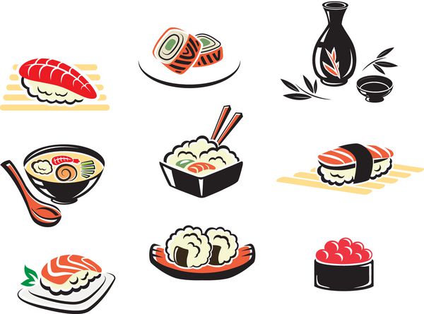 مجموعه ای از آیکون های غذاهای دریایی ژاپنی