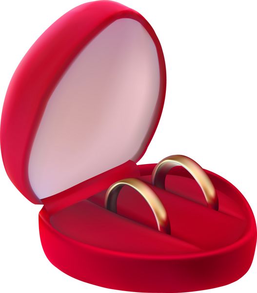 دو حلقه طلایی عروسی در یک جعبه مخمل قرمز