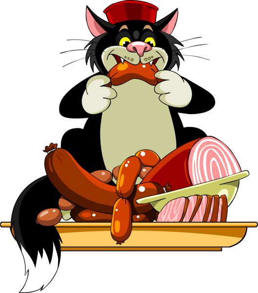 گربه سیاه کارتونی در کلاه سوسیس می خورد