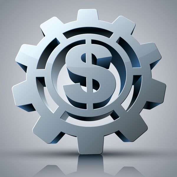 نماد سه بعدی مفهوم پول با علامت دنده و دلار