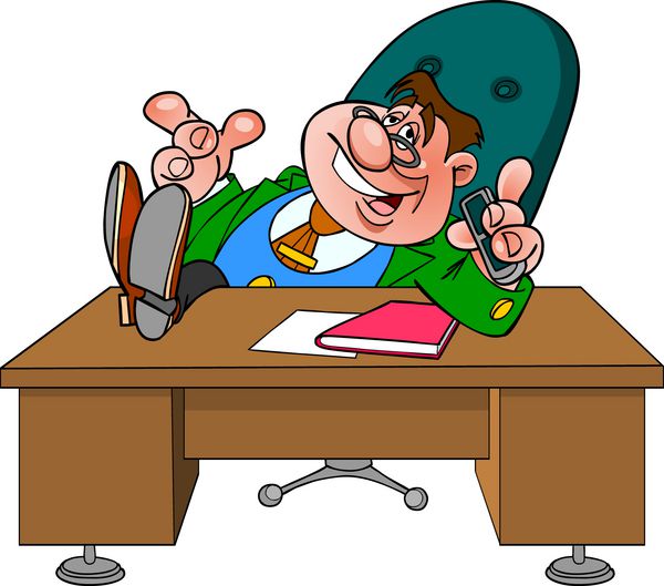 کارگردان مرد کارتونی روی صندلی نشسته و پاهایش روی میز روی میز قرار گرفته است