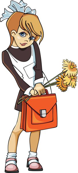 دختر مدرسه ای با لباس مدرسه با کیف و گل