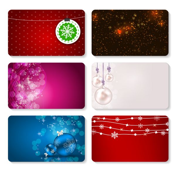 مجموعه ای از کارت ها با توپ های کریسمس ستاره ها و دانه های برف وکتور