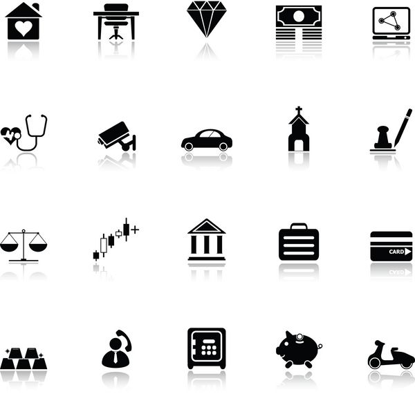 نمادهای مربوط به بیمه با بازتاب در پس زمینه سفید