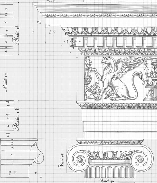طرح نقشه - طراحی دستی اسکچ نظم معماری یونی بر اساس پنج نظم معماری کتابی در معماری نوشته جیاکومو اوزی دا ویگنولا از سال 1593 است وکتور