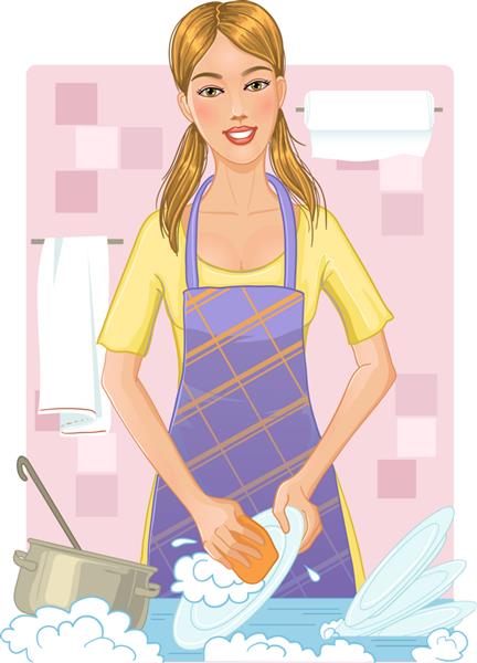 زن جوان در حال شستن ظروف