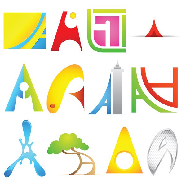 تصویر مجموعه ای از نمادهای مختلف لوگوی رنگارنگ برای حروف الفبا a