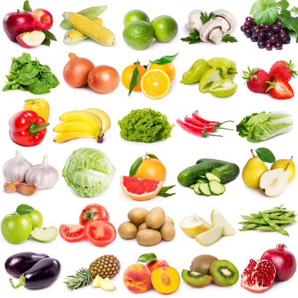 مجموعه ای از میوه ها و سبزیجات در پس زمینه سفید