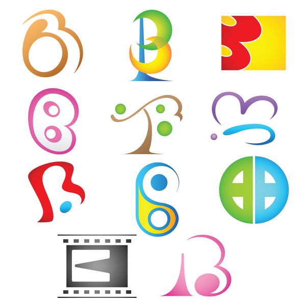تصویر مجموعه ای از نمادهای مختلف لوگوی رنگارنگ برای الفبای ب