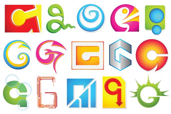 تصویر مجموعه ای از نمادهای مختلف لوگوی رنگارنگ برای الفبای g