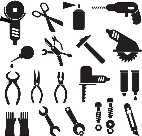 ابزار - مجموعه ای از نمادهای وکتور جدا شده پیکتوگرام سیاه در زمینه سفید