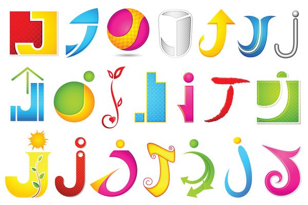 تصویر مجموعه ای از نمادهای مختلف لوگوی رنگارنگ برای الفبای j