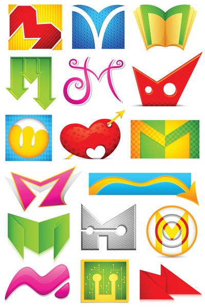 تصویر مجموعه ای از نمادهای مختلف لوگوی رنگارنگ برای الفبای m