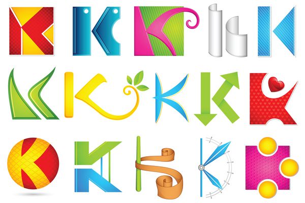تصویر مجموعه ای از نمادهای مختلف لوگوی رنگارنگ برای الفبای k