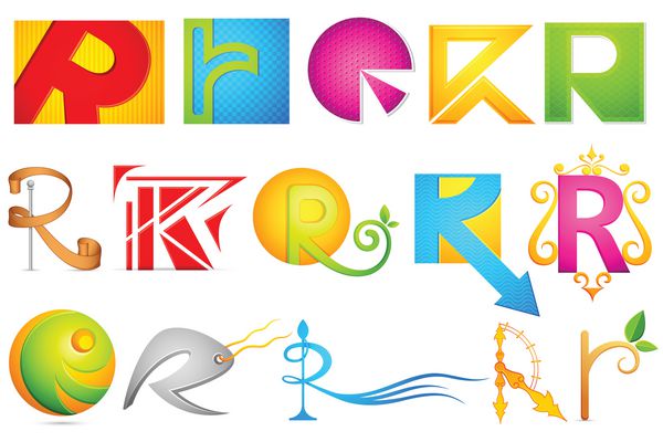 تصویر مجموعه ای از نمادهای مختلف لوگوی رنگارنگ برای الفبای r