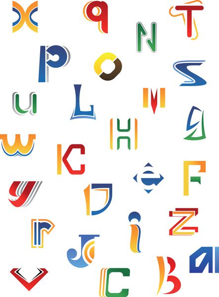 مجموعه ای از حروف تزئینی الفبای کامل در طرح های مختلف جدا شده بر روی پس زمینه سفید چنین لوگو نسخه jpeg نیز در گالری موجود است