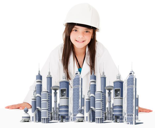 دختری برای معمار شدن با مدل یک شهر - جدا شده روی سفید