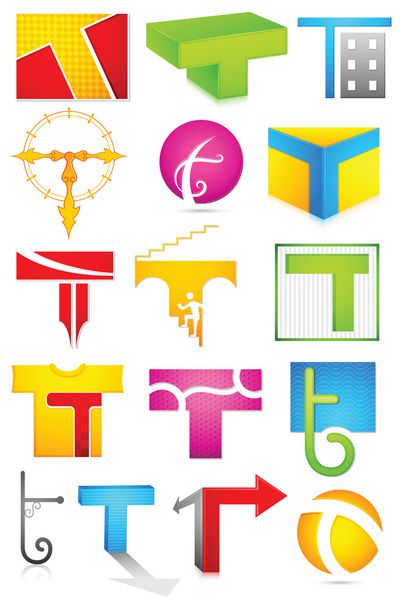 تصویر مجموعه ای از نمادهای مختلف لوگوی رنگارنگ برای الفبای تی