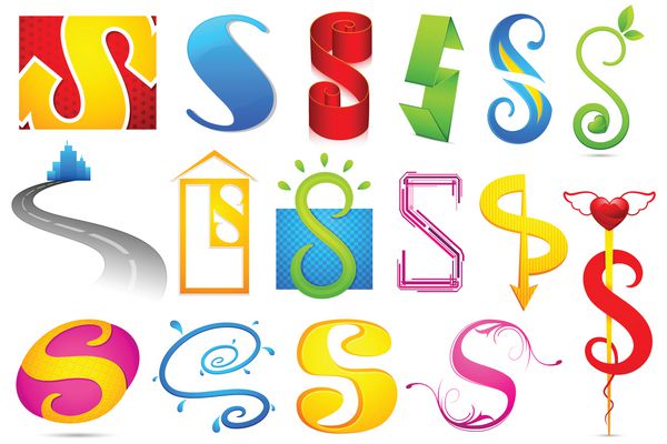 تصویر مجموعه ای از نمادهای مختلف لوگوی رنگارنگ برای الفبای s