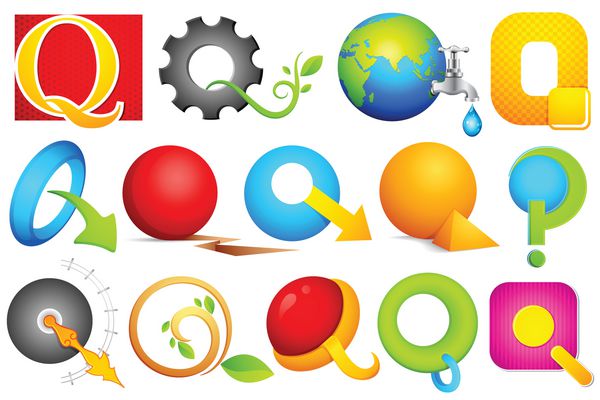 تصویر مجموعه ای از نمادهای مختلف لوگوی رنگارنگ برای الفبای q