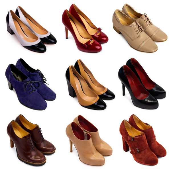 مجموعه ای از کفش های زنانه مختلف و چند رنگ در زمینه سفید 9 تکه