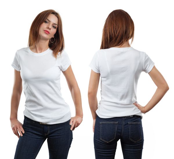 زن جوان زیبا با پیراهن سفید خالی جلو و پشت آماده برای طراحی یا اثر هنری شما