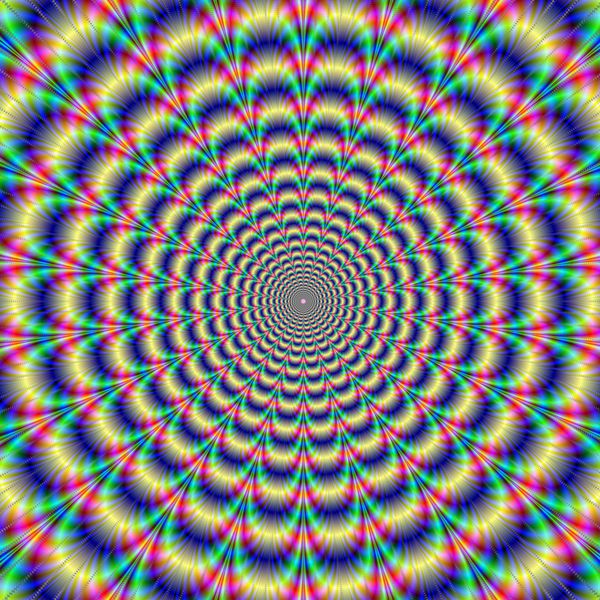 تصویر انتزاعی دیجیتال پالس روانگردان با یک الگوی دایره ای روانگردان از آبی قرمز زرد سبز و بنفش که یک توهم نوری حرکت ایجاد می کند