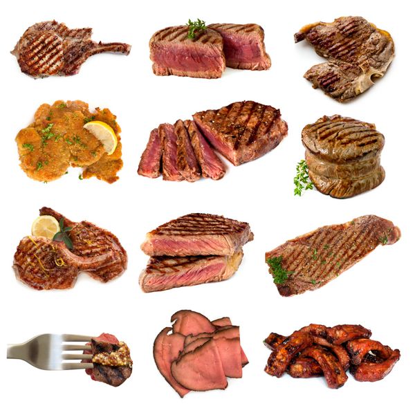 مجموعه ای از تصاویر گوشت پخته شده جدا شده روی سفید شامل گوشت گاو و خوک استیک کتلت فیله مینیون شنیسل گوشت کبابی کمیاب و دنده های زغال است