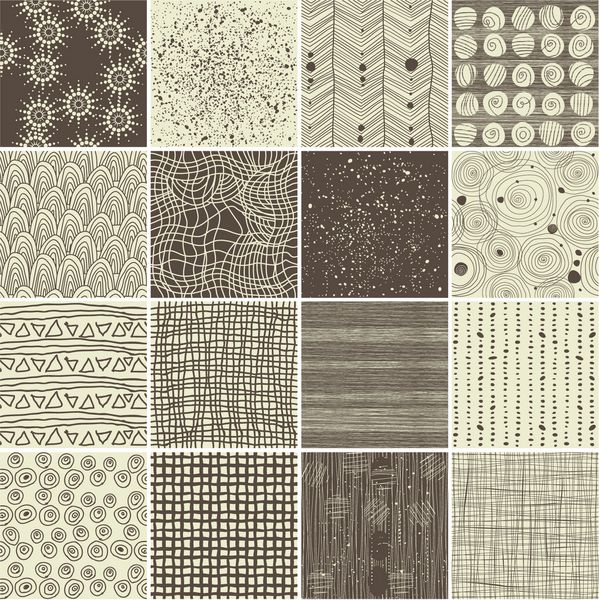 مجموعه ای از 16 الگو و بافت بدون درز doodle