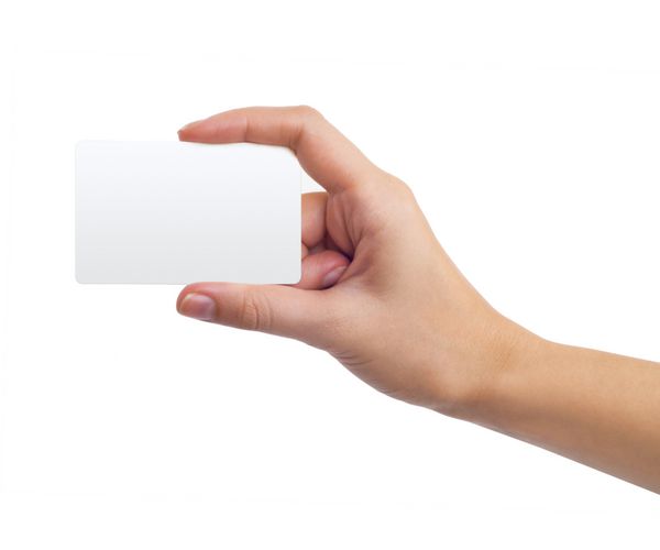 دست زن با یک کارت خالی جدا شده روی سفید