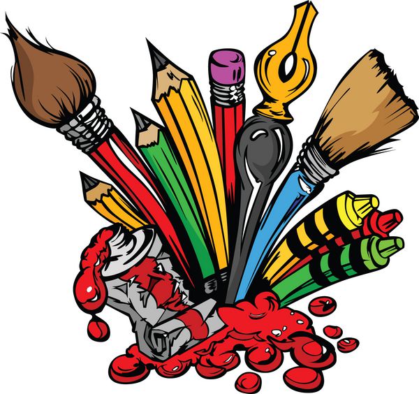 تصویر وکتور کارتونی هنر و بازگشت به مدرسه - قلم مو مداد رنگ روغن خودکار و مداد رنگی