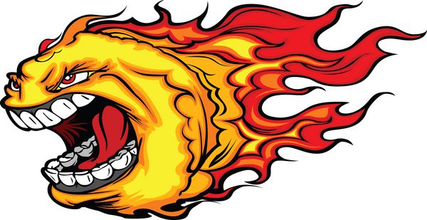 تصویر وکتور کارتونی از یک توپ آتشین در حال فریاد زدن با شعله های آتش