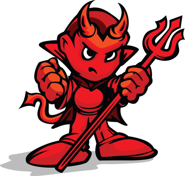 تصویر وکتور کارتونی یک شیطان یا شیطان بچه سخت با چنگال در دست