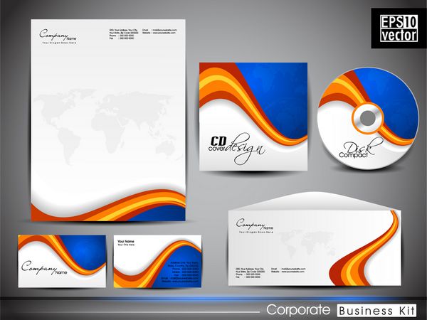 کیت حرفه ای هویت شرکتی یا کیت تجاری با الگوی موج انتزاعی برای کسب و کار شما شامل طرح های جلد سی دی پاکت نامه کارت ویزیت و سر نامه می باشد