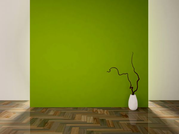 فضای داخلی خالی با دیوار سبز و گلدان سفید با شاخه