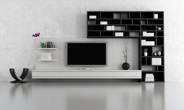 اتاق نشیمن سیاه و سفید با پایه تلویزیون و قفسه کتاب - رندر
